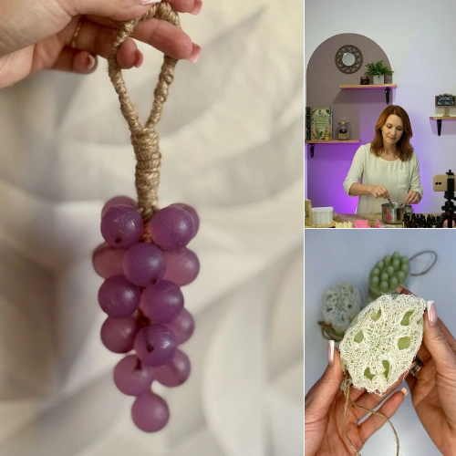 Sabonete cacho de uva, Viviane Dornelles gravando aula e sabonete com bucha vegetal, todos feitos com a mesma base glicerinada